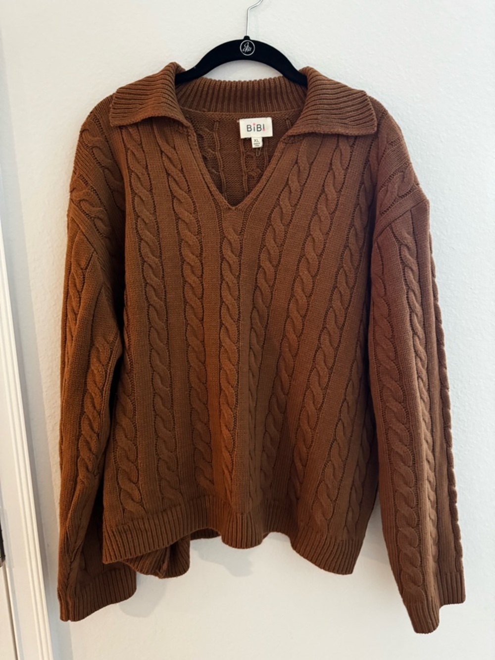 BiBi Cable-Knit V-Neck Sweater with Collar - Brown